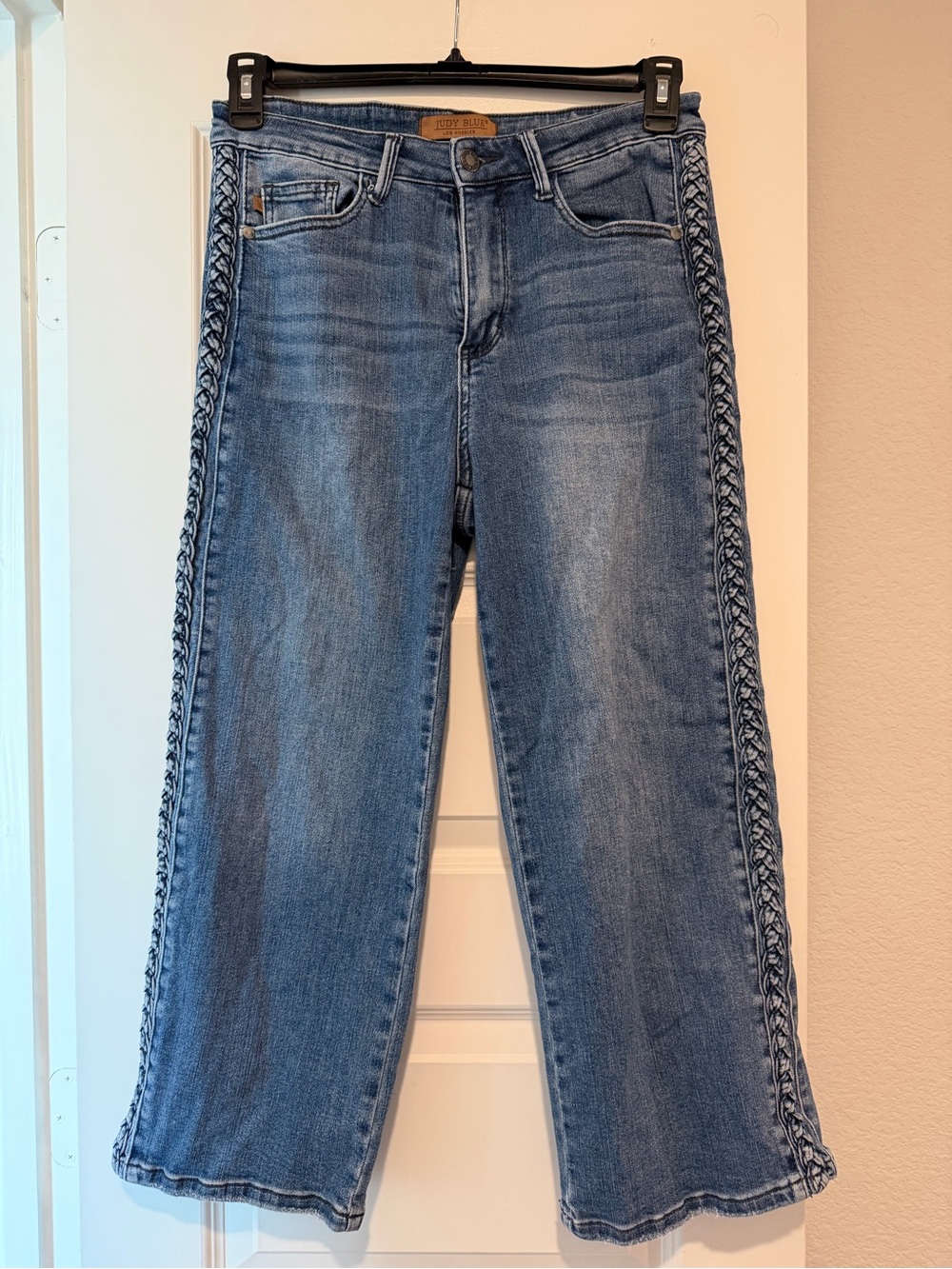 Judy Blue Women’s 9/29 Wide Leg Jeans Braided Side Detail Medium Wash